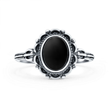 Vintage Style Petite Dainty Simulated Black Onyx Ring Solid Oval Oxidized 925 Sterling Silver
